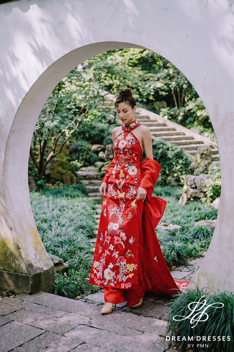 Red Cheongsam-Inspired Ao Dai with Bow Cape (#TRAM) - Dream Dresses by P.M.N.