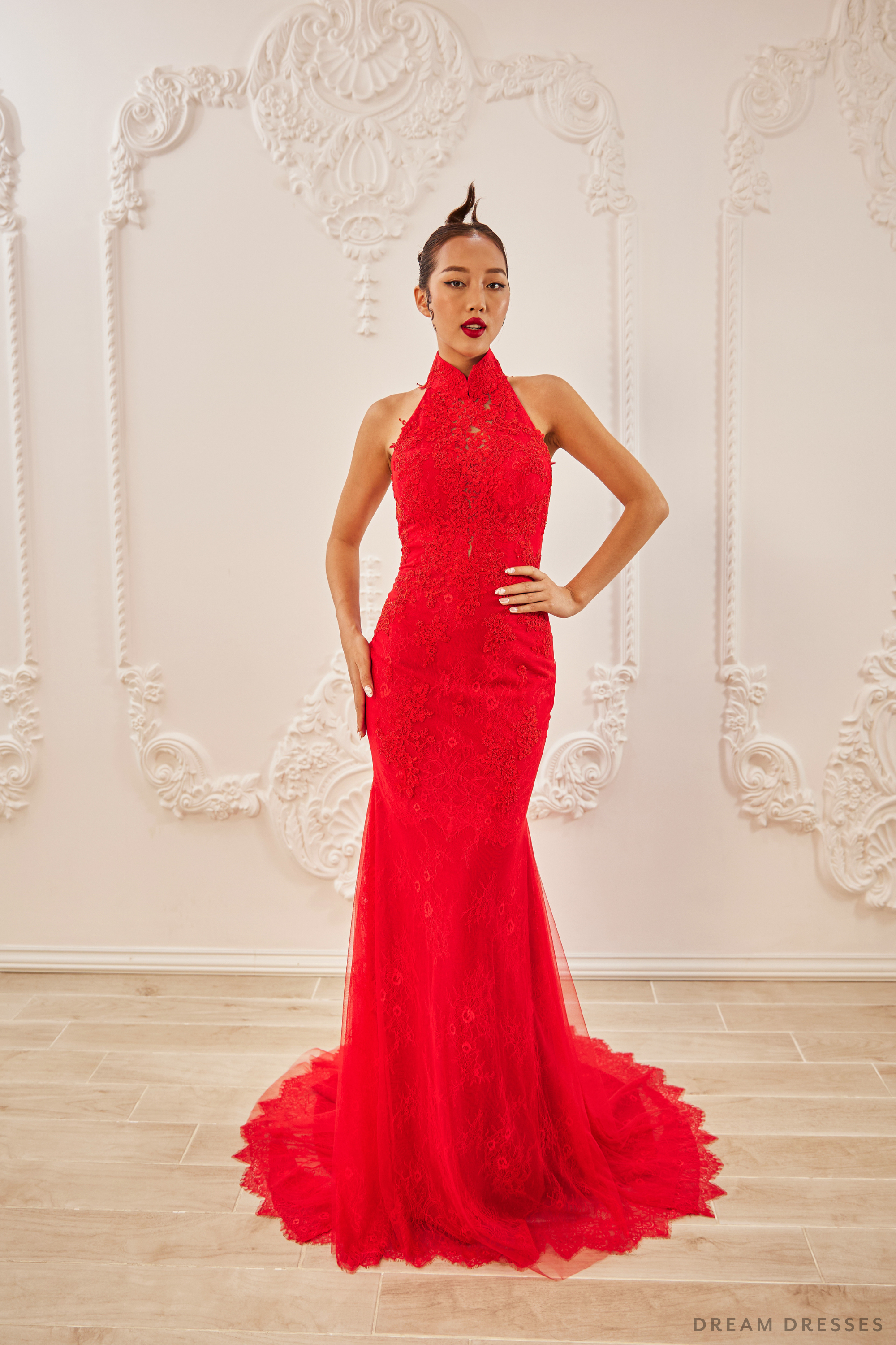 Red Bridal Cheongsam | Couture Lace Modern Cheongsam (#PHUONG)