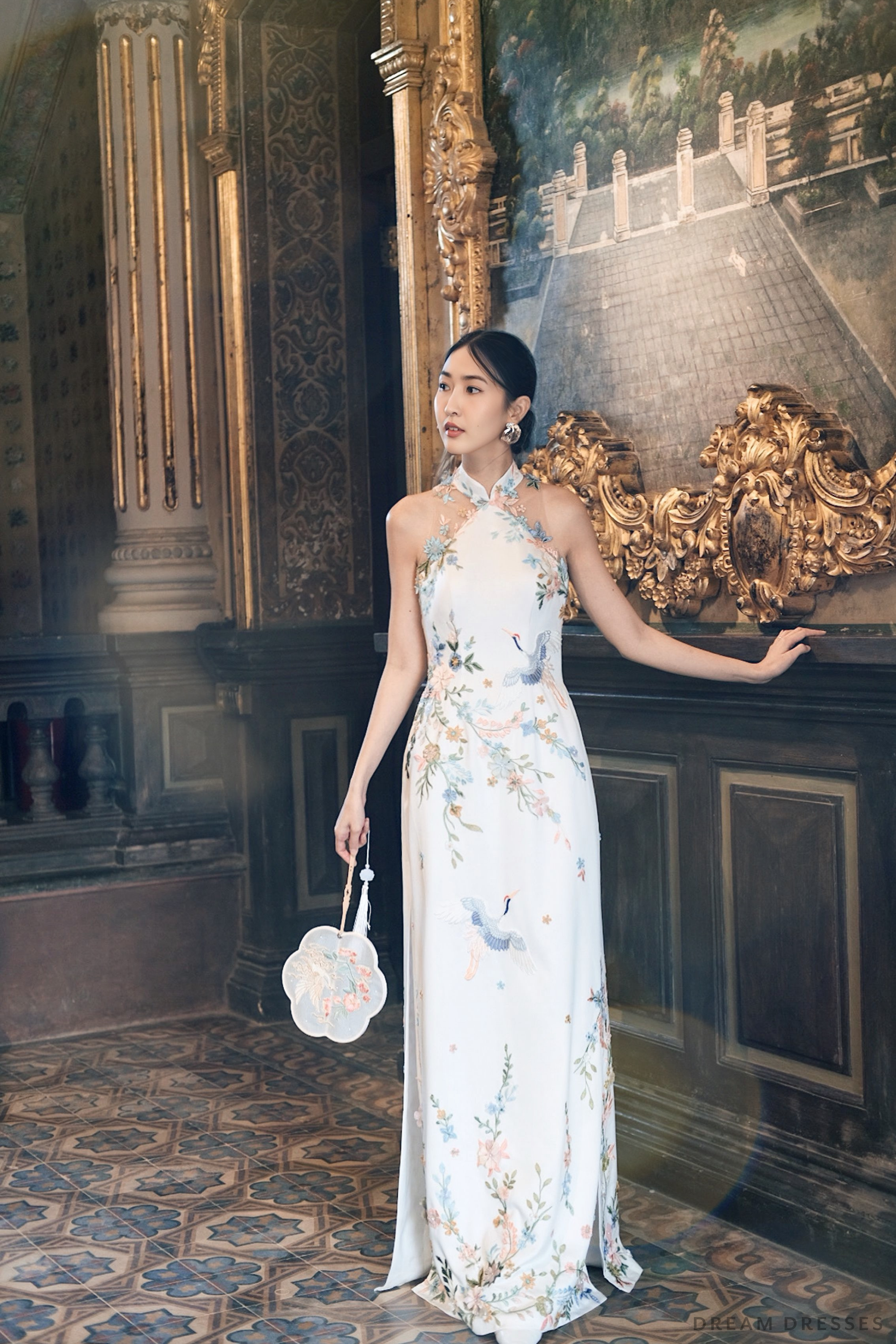 DreamDress By PMN Lieu Cheongsam Inspired Ao Dai Wedding Dress Gown Illusion Flowers Lace Dress Chapel Cape White Pants | Size: Custom | No Cape DreamDress By PMN Lieu Cheongsam Inspired Ao Dai Wedding Dress Gown Illusion Flowers Lace Dress Chapel Cape White Pants | Size: Custom | No Cape