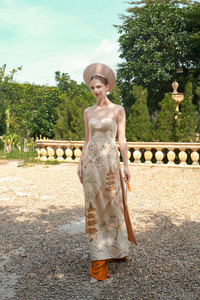 Champagne Bridal Embroidery Ao Dai | Modern Vietnamese Bridal Dress (#MEILYN) - Dream Dresses by P.M.N.