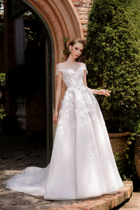 Illusion Neckline Ball Gown with Floral Lace (#JOELLE) - Dream Dresses by P.M.N.