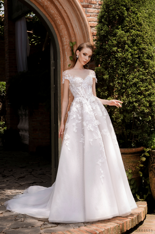 Illusion Neckline Ball Gown with Floral Lace (#JOELLE) - Dream Dresses by P.M.N.