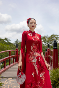 Red Bridal Ao Dai | Vietnamese Modern Bridal Dress with Phoenix Embroidery (#DAHAN) - Dream Dresses by P.M.N.