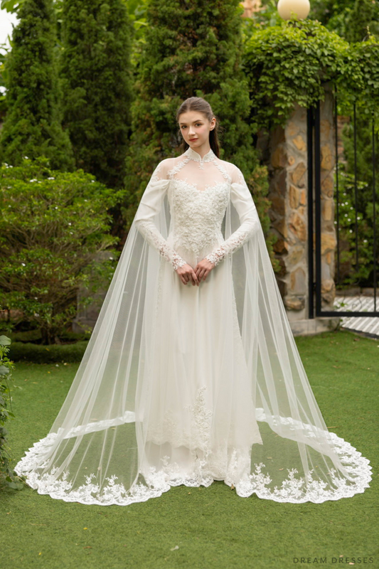 Ao Dai Detachable Tulle Cape with Lace Trim Edges (#EUGENIA) - Dream Dresses by P.M.N.