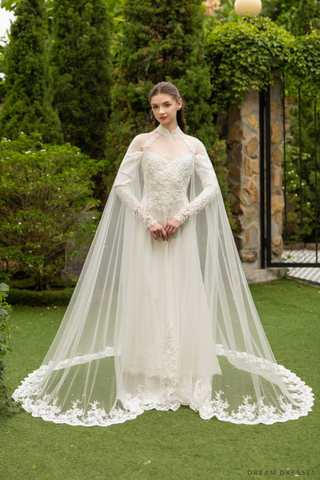 Ao Dai Detachable Tulle Cape with Lace Trim Edges (#EUGENIA)