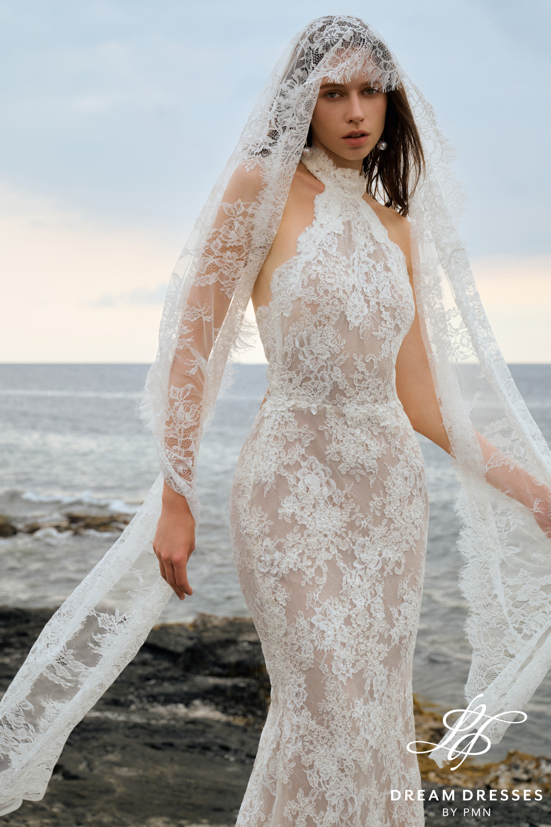 French Lace Halter Wedding Dress with Open Back (#LAGOON)