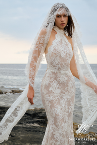 French Lace Halter Wedding Dress with Open Back (#LAGOON)
