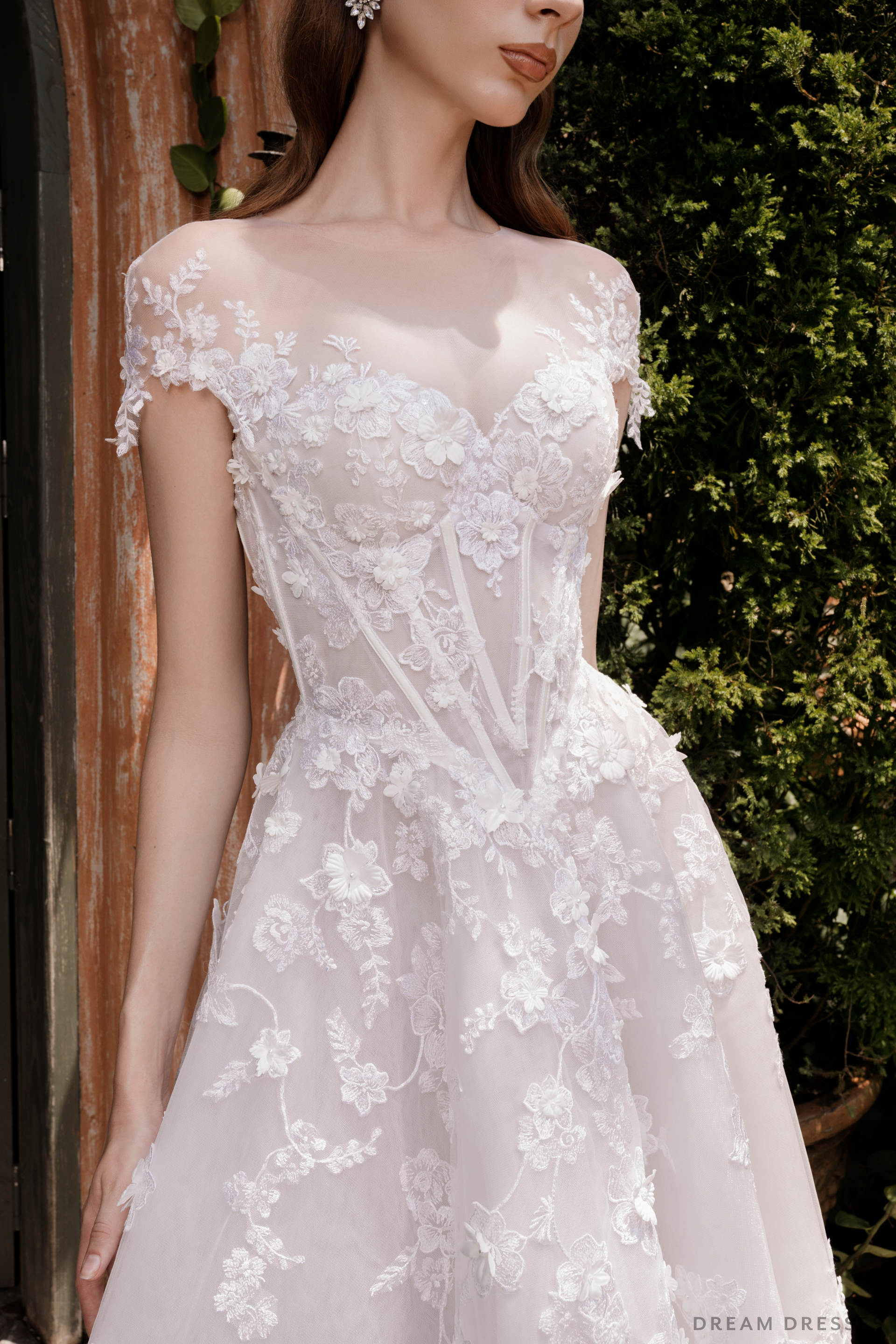 Illusion Neckline Ball Gown with Floral Lace (#JOELLE) - Dream Dresses by P.M.N.