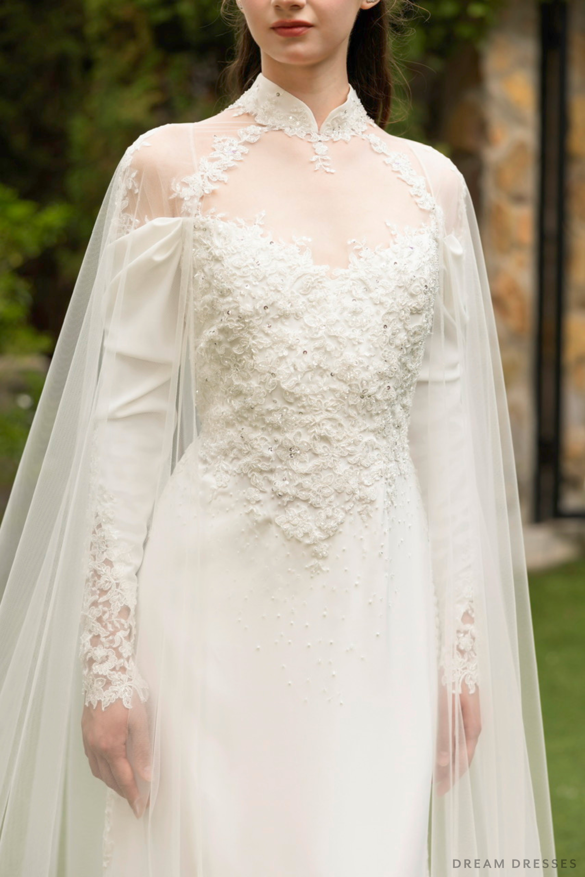 Ao Dai Detachable Tulle Cape with Lace Trim Edges (#EUGENIA)