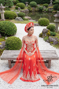 Red Bridal Ao Dai with Gold Lace | Vietnamese Bridal Dress (#ELAN)