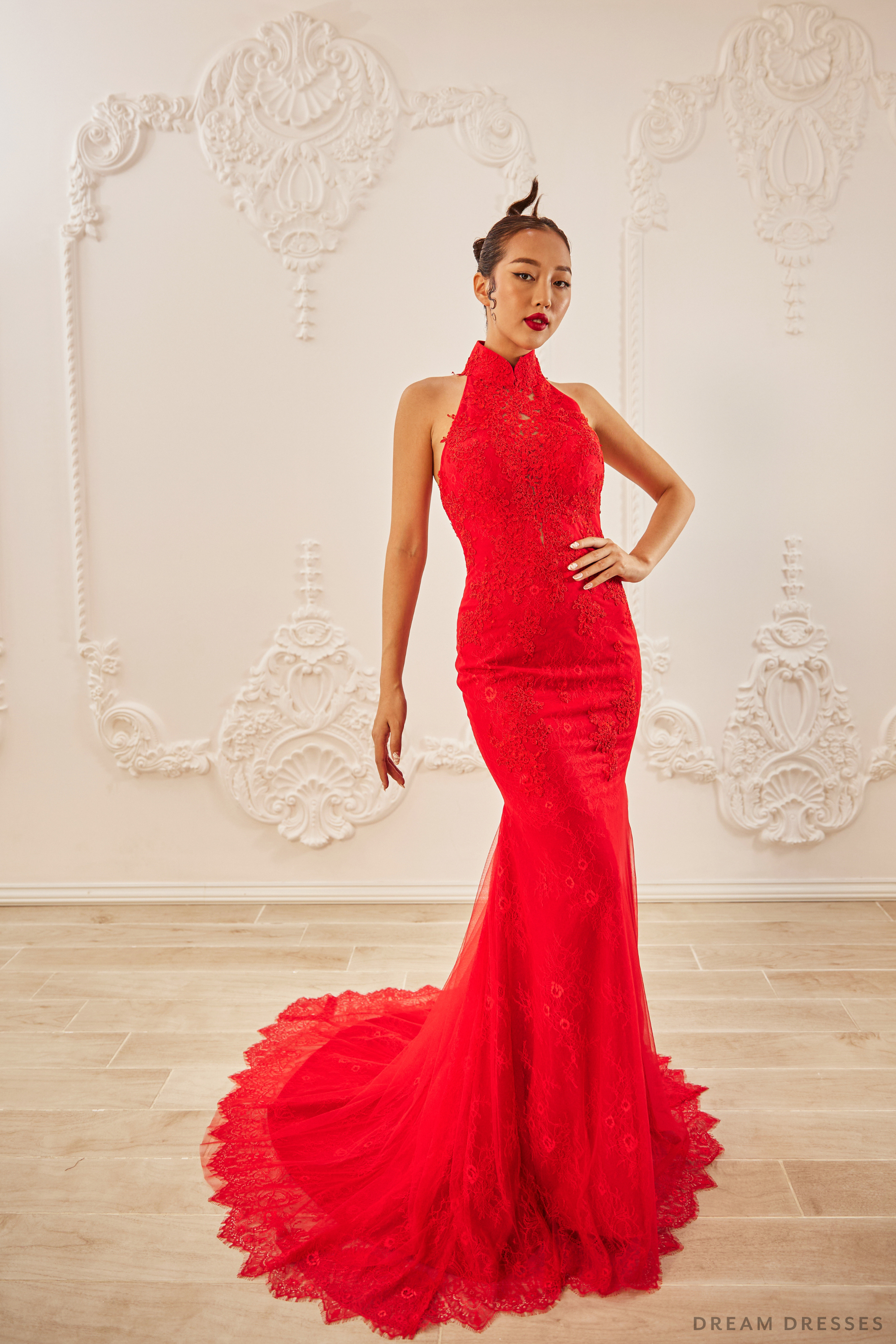 Red Bridal Cheongsam | Couture Lace Modern Cheongsam (#PHUONG)