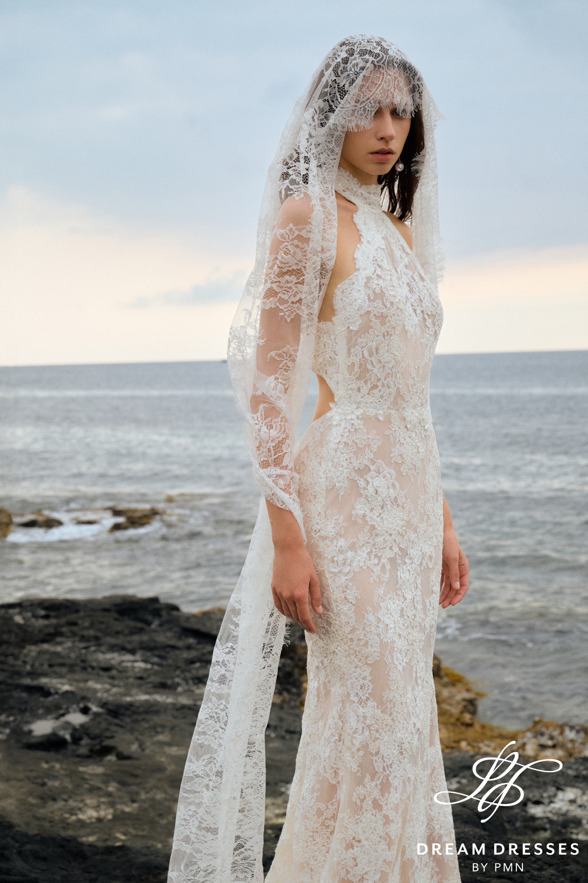 French Lace Halter Wedding Dress with Open Back (#LAGOON)