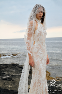French Lace Halter Wedding Dress with Open Back (#LAGOON)