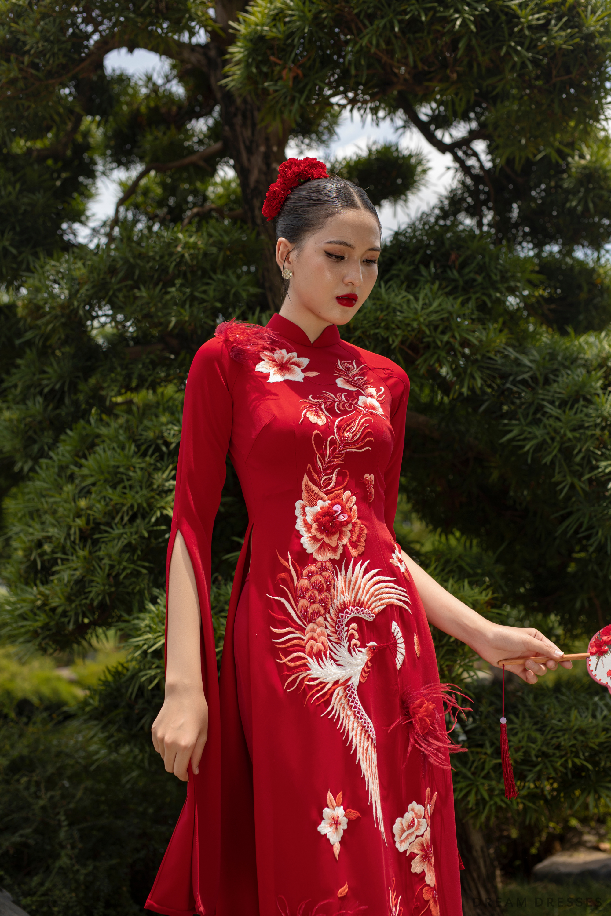 DreamDress By PMN Dahan Ao Dai Inspired Red Wedding Dress Gown Phoenix Embroidery Red Pants Chapel | Size: 12 DreamDress By PMN Dahan Ao Dai Inspired Red Wedding Dress Gown Phoenix Embroidery Red Pants Chapel | Size: 12