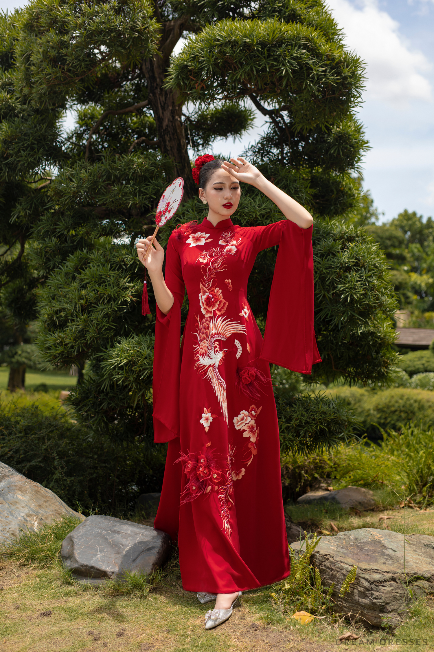 vietnamese dress DreamDress By PMN Dahan Ao Dai Inspired Red Wedding Dress Gown Phoenix Embroidery Red Pants Chapel