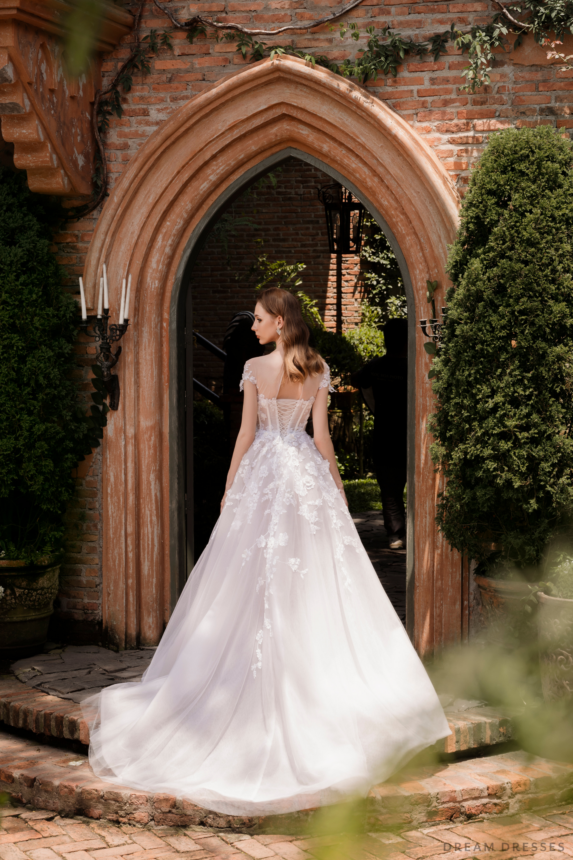 Illusion Neckline Ball Gown with Floral Lace (#JOELLE) - Dream Dresses by P.M.N.