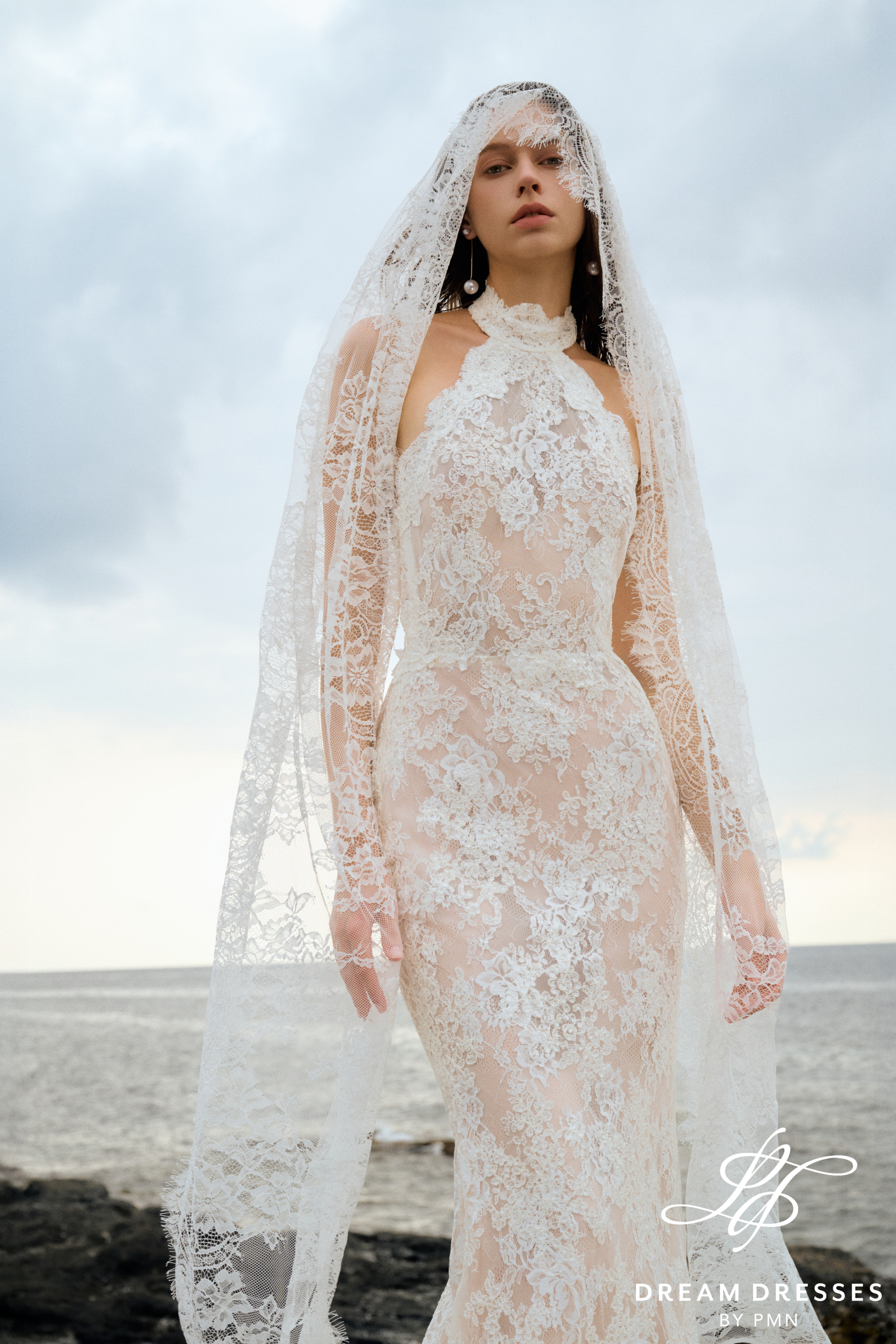 French Lace Halter Wedding Dress with Open Back (#LAGOON)