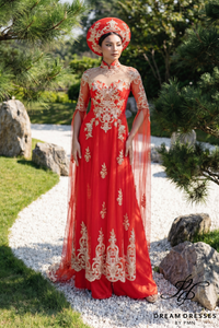 Red Bridal Ao Dai with Gold Lace | Vietnamese Bridal Dress (#ELAN)