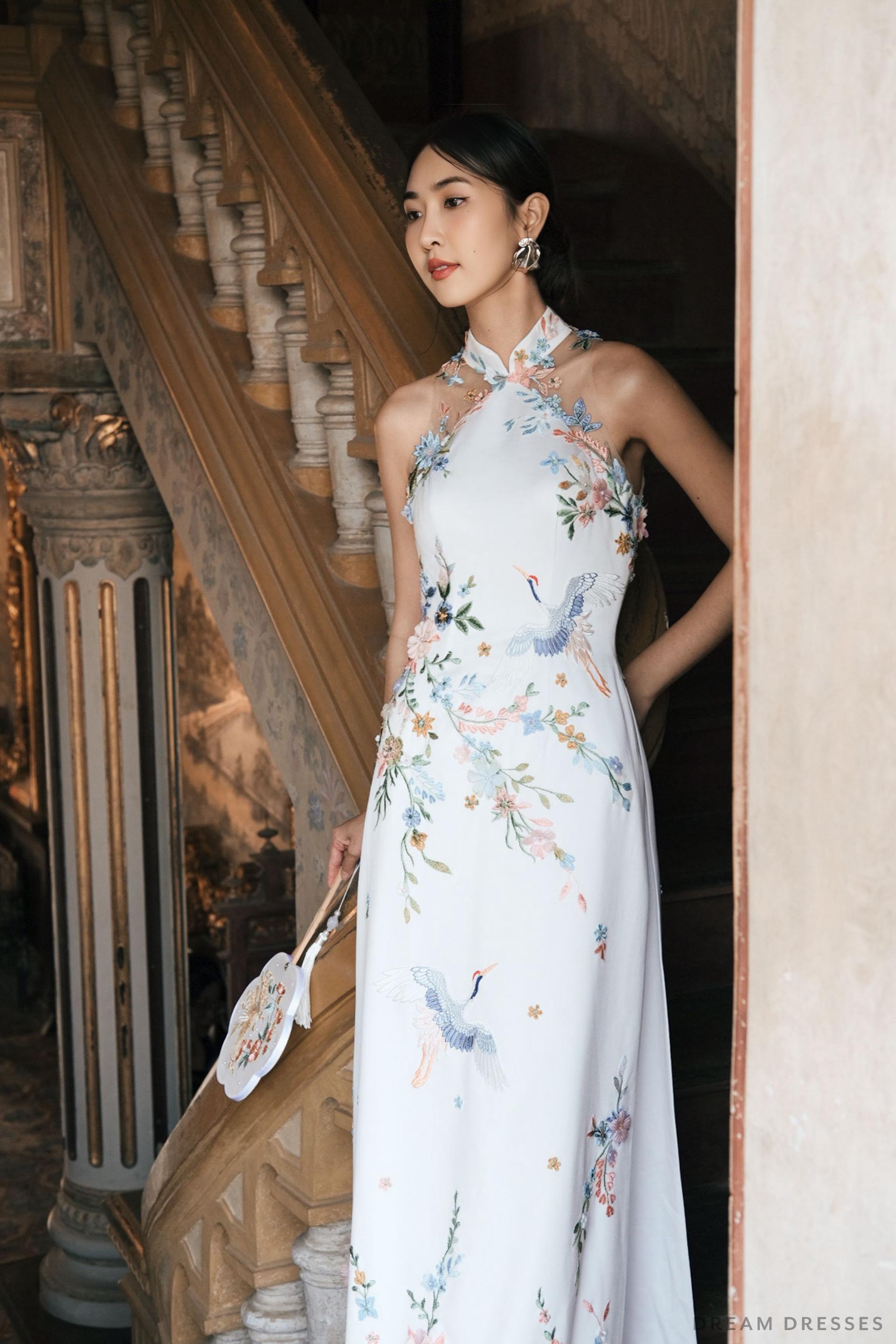 DreamDress By PMN Lieu Cheongsam Inspired Ao Dai Wedding Dress Gown Illusion Flowers Lace Dress Chapel Cape White Pants | Size: Custom