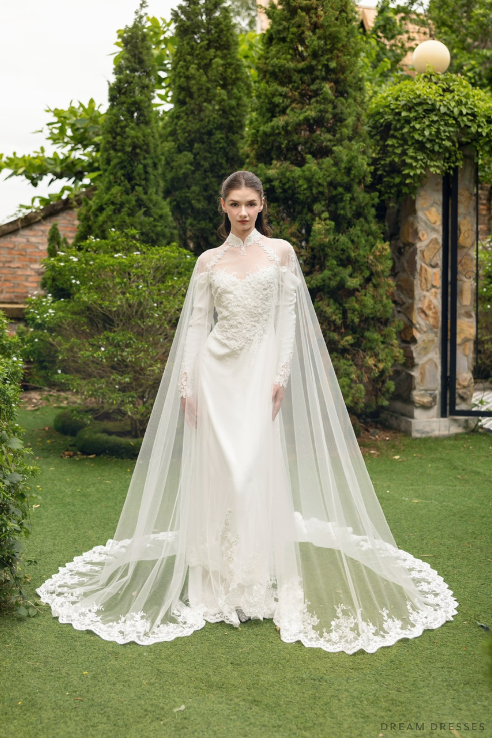 Ao Dai Detachable Tulle Cape with Lace Trim Edges (#EUGENIA)