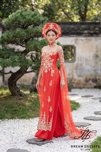 Red Bridal Ao Dai with Gold Lace | Vietnamese Bridal Dress (#ELAN)
