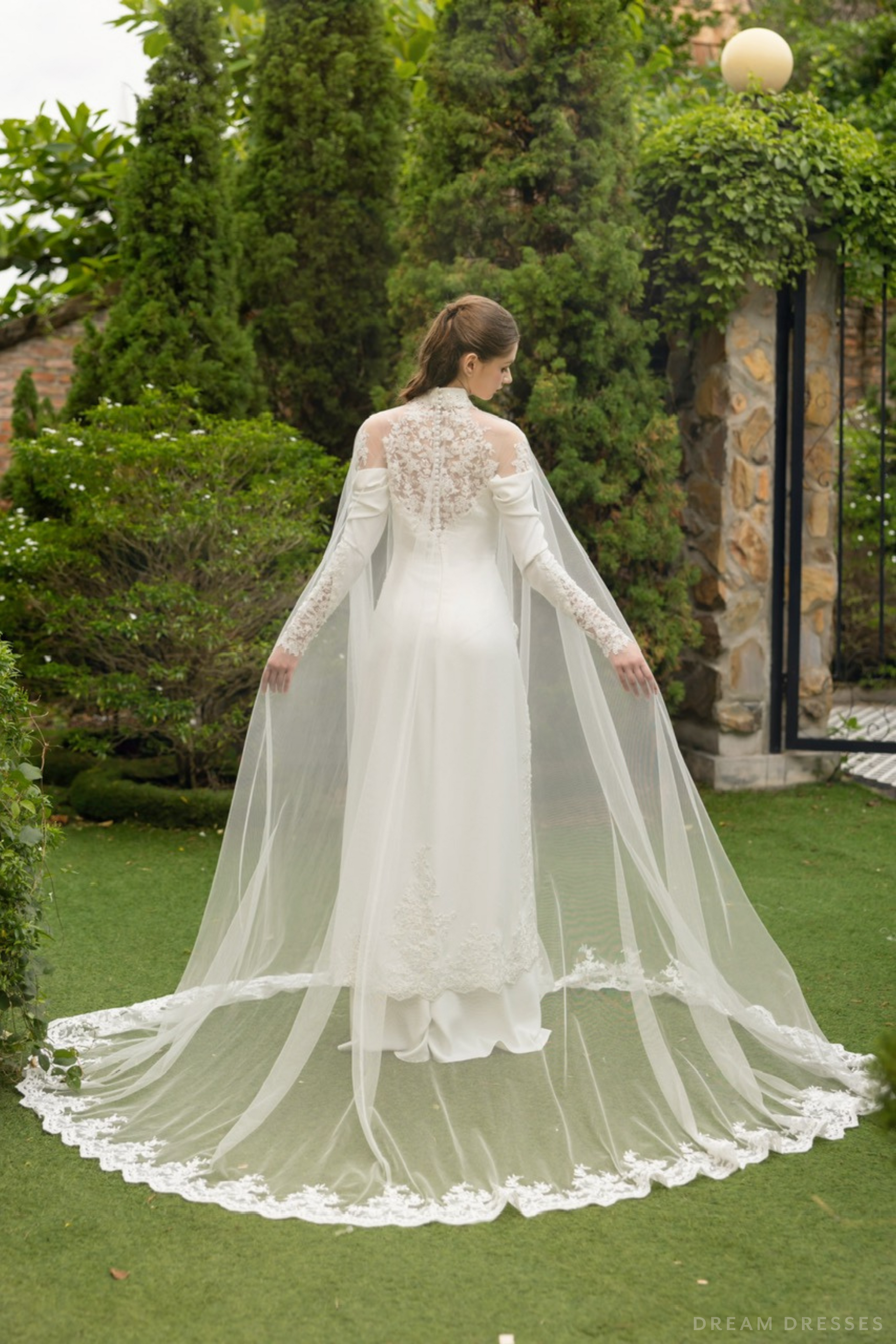 Ao Dai Detachable Tulle Cape with Lace Trim Edges (#EUGENIA) - Dream Dresses by P.M.N.