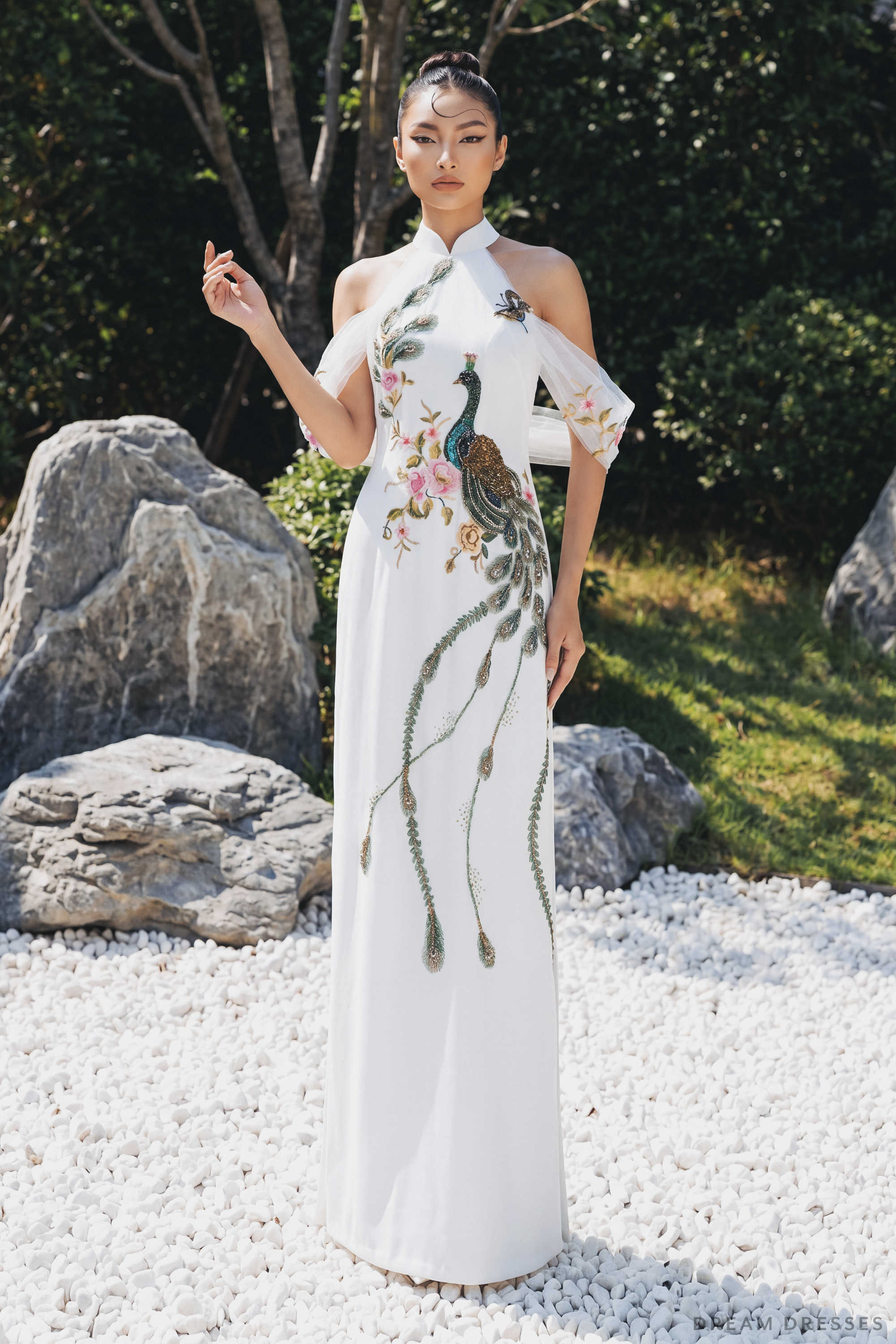 White Bridal Ao Dai with Peacock Embellishments | Modern Vietnamese Bridal Dress (#AILA)
