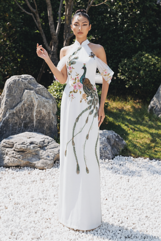 White Bridal Ao Dai with Peacock Embellishments | Modern Vietnamese Bridal Dress (#AILA) - Dream Dresses by P.M.N.