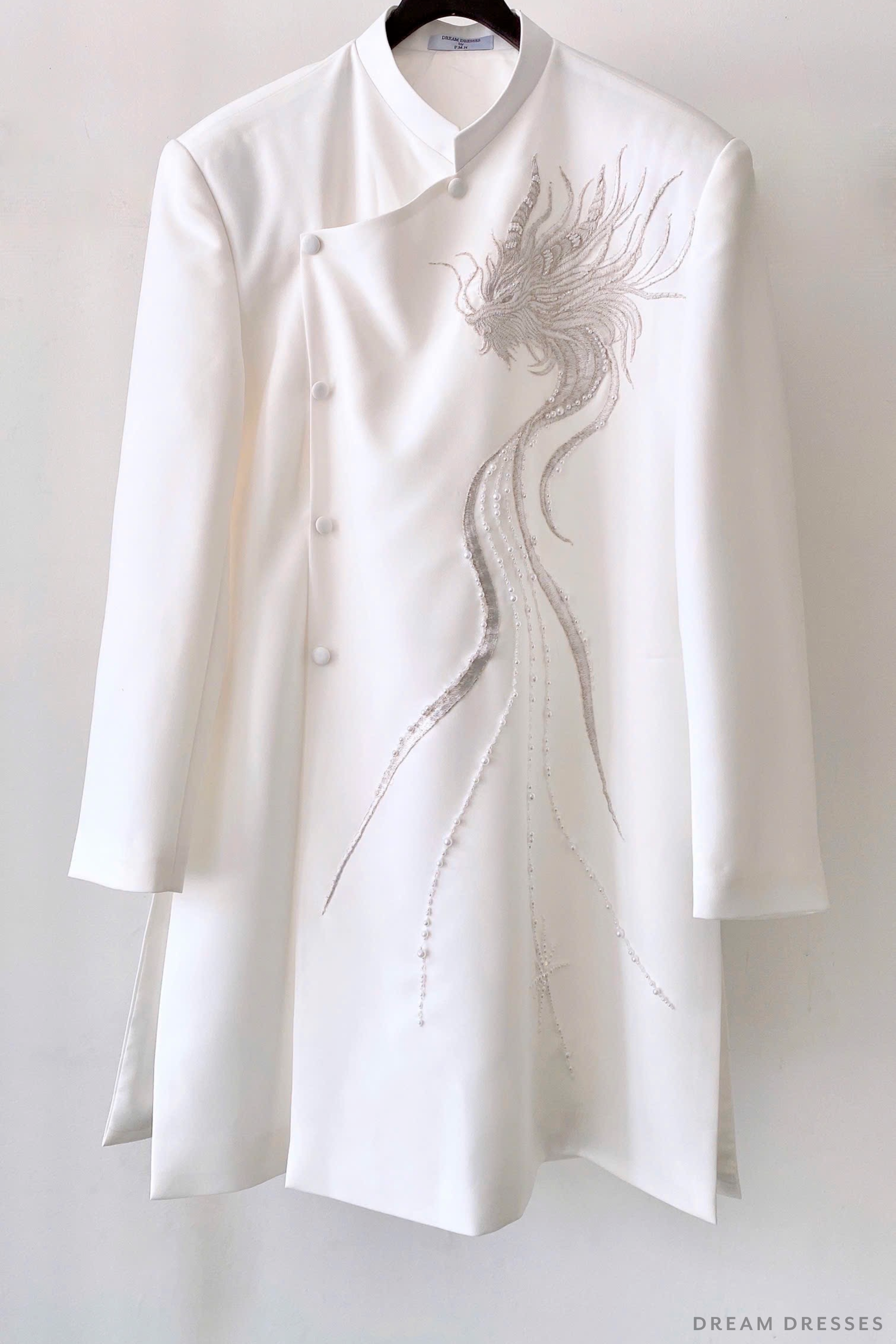White Groom Ao Dai Jacket with Dragon Embroidery | Vietnamese Ao Dai (#DUNG)