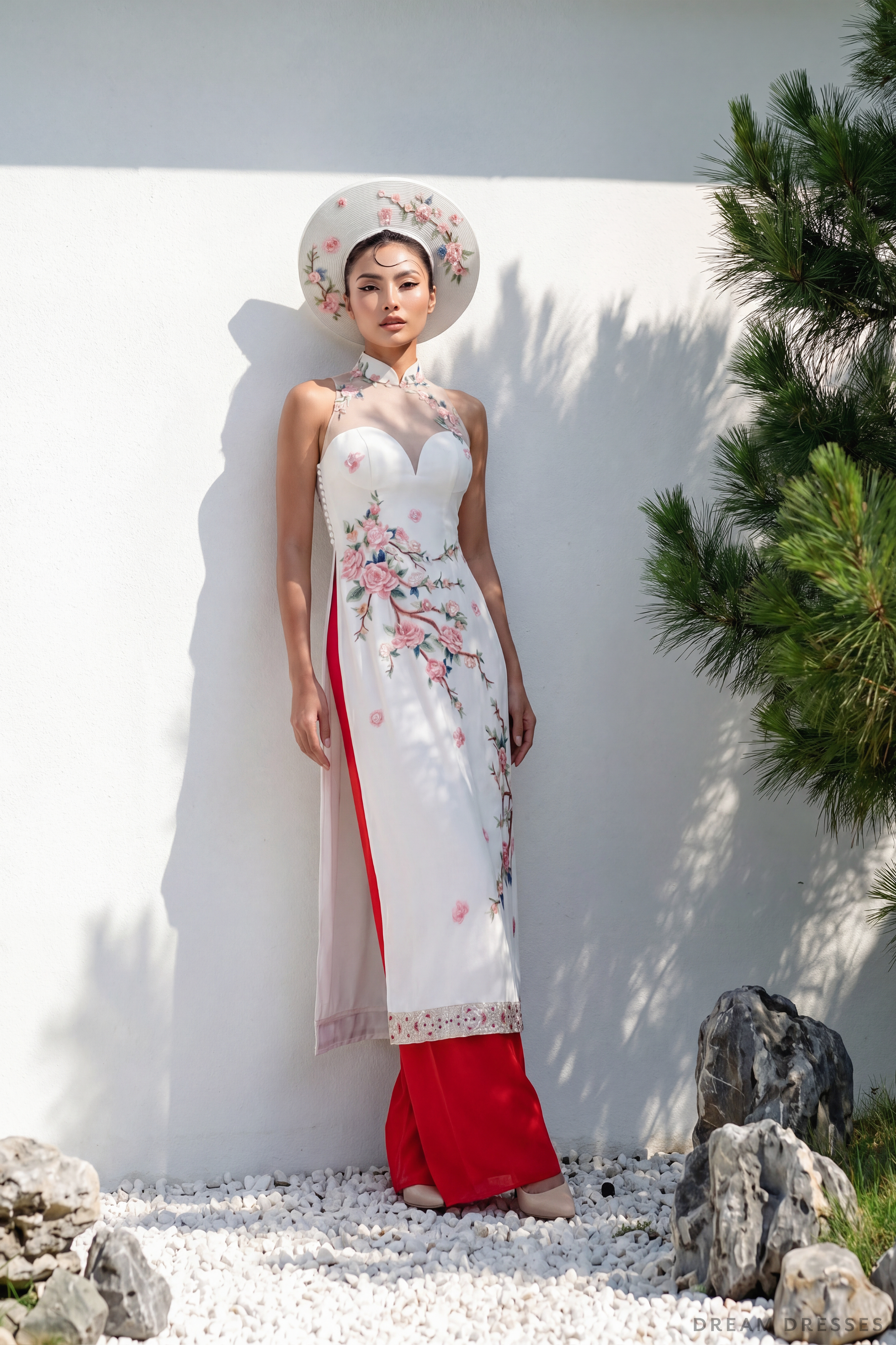 Cheongsam-Inspired Ao Dai | Ivory Silk Ao Dai with Embroidery (#YUE) - Dream Dresses by P.M.N.