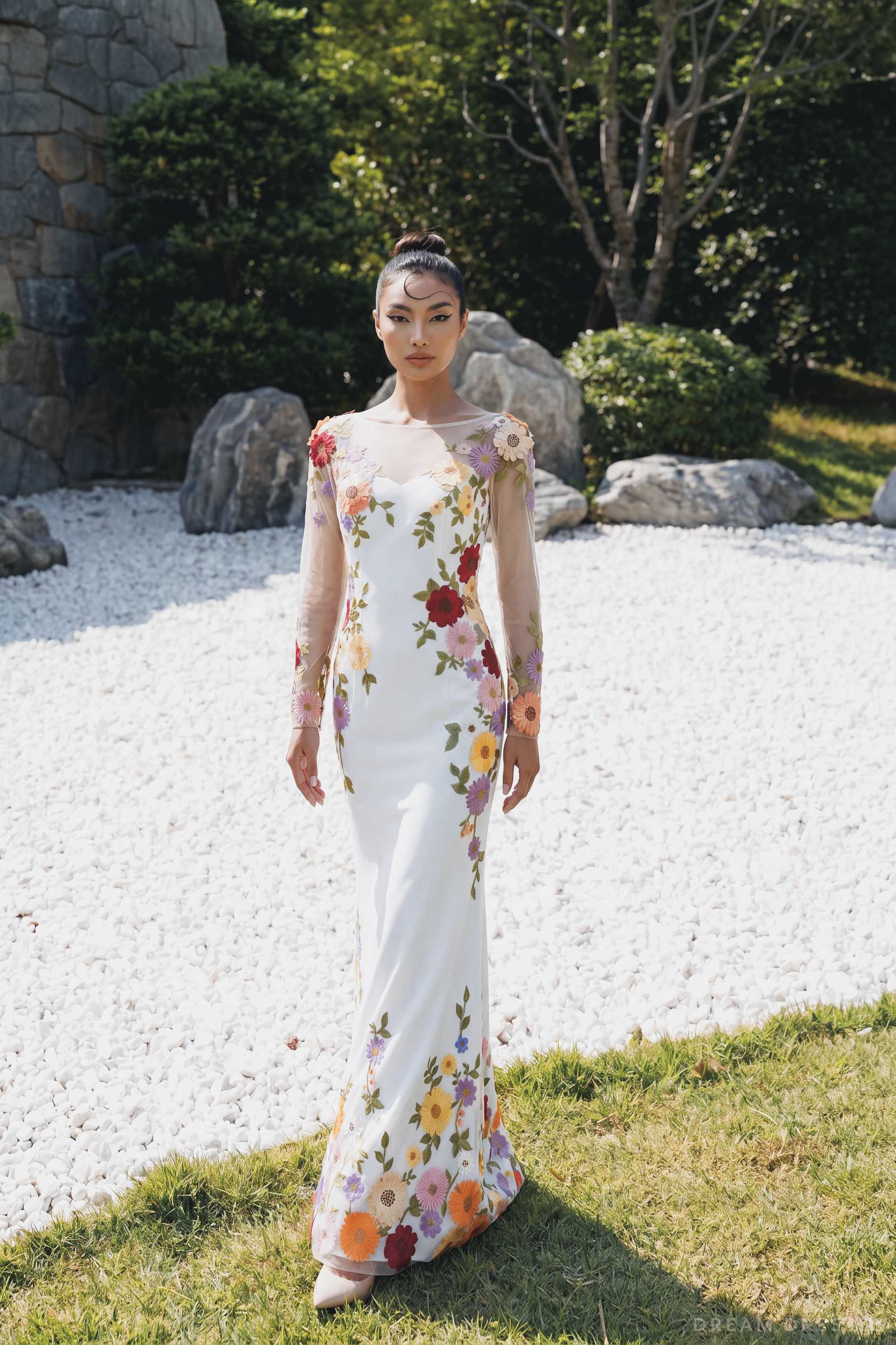 Floral Embroidered Long Sleeve Gown (#YULISA)