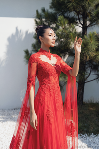 Red Bridal Ao Dai | Lace Vietnamese Bridal Dress (#HANLYN) - Dream Dresses by P.M.N.