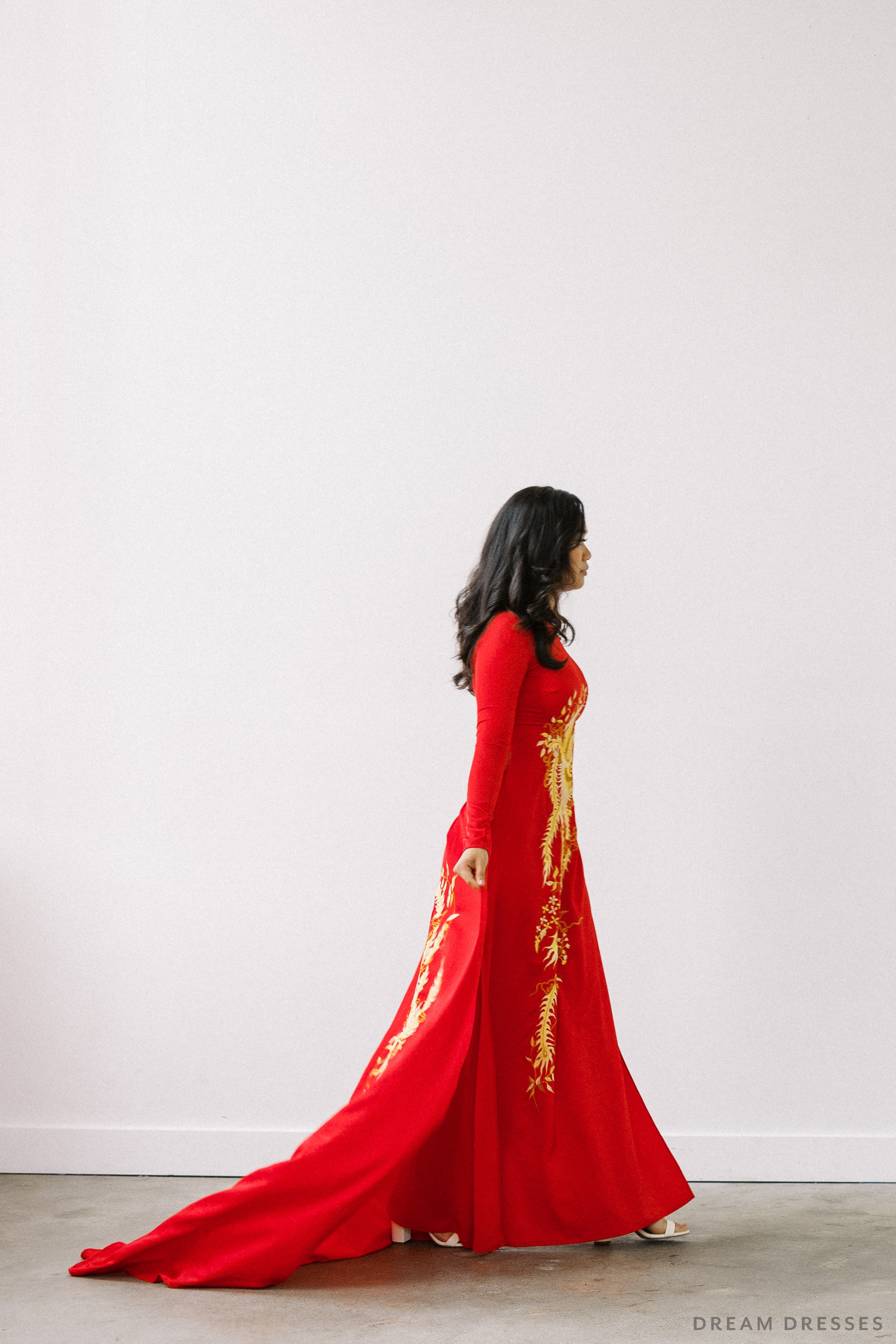 Red Bridal Ao Dai | Vietnamese Traditional Bridal Dress with Phoenix Embroidery (#PING)