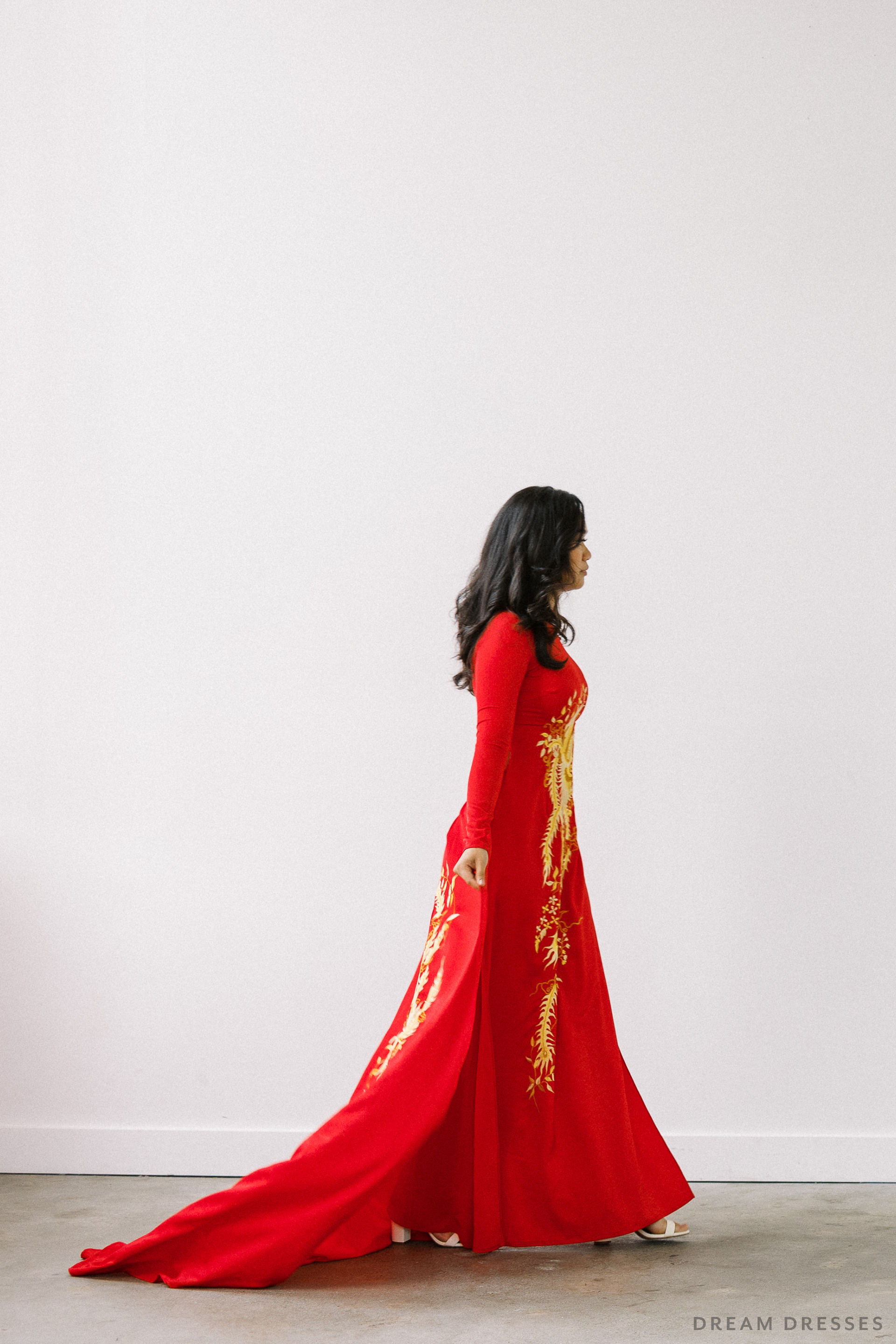 Red Bridal Ao Dai | Vietnamese Traditional Bridal Dress with Phoenix Embroidery (#PING) - Dream Dresses by P.M.N.