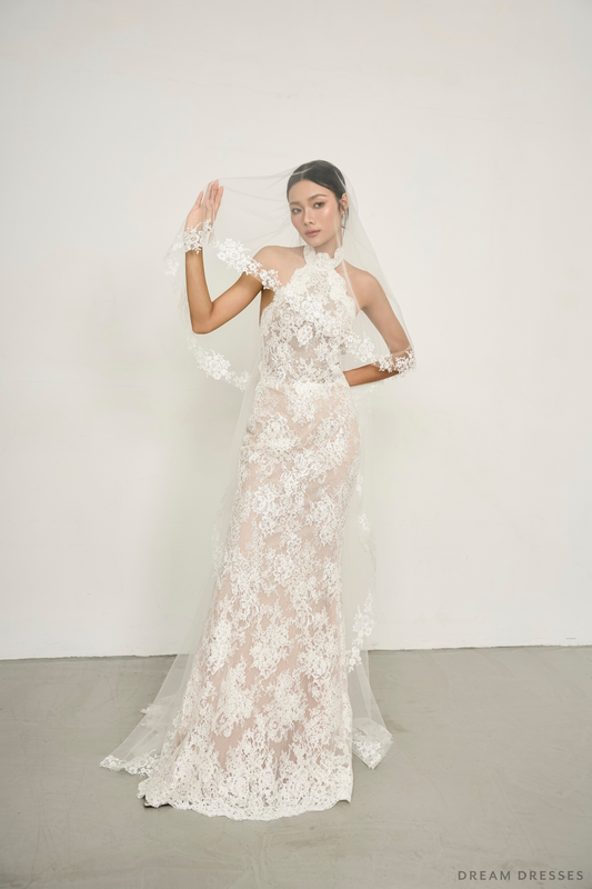 Floral Lace Wedding Veil with Blusher (#HANNA) - Dream Dresses by P.M.N.
