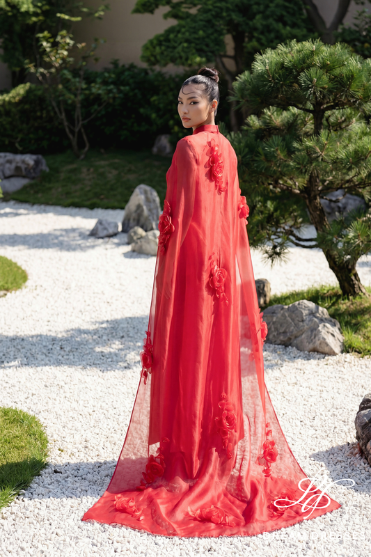 Red Bridal Ao Dai with High Fashion Sleeves (#LOAN) - Dream Dresses by P.M.N.