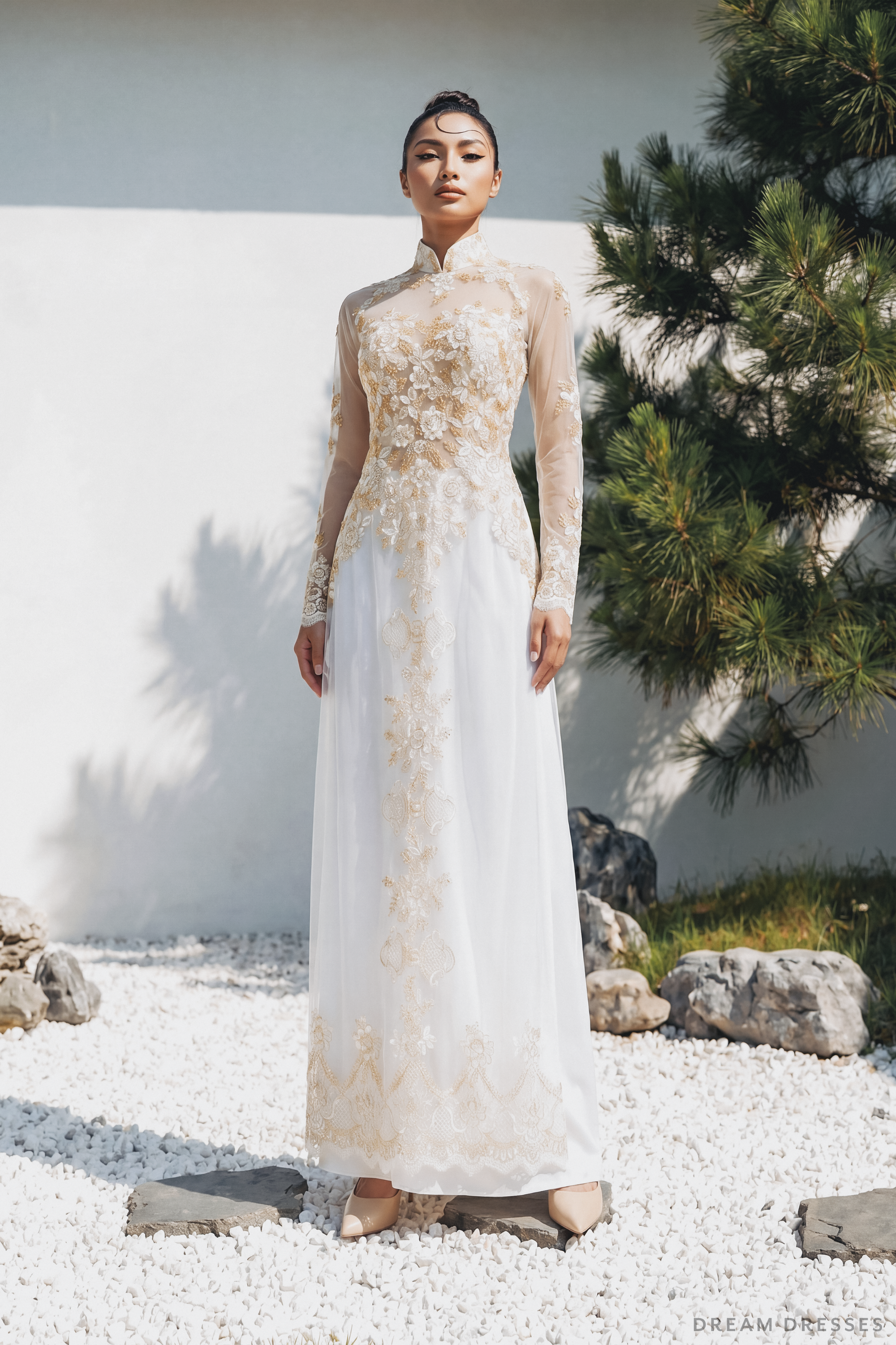 White Bridal Ao Dai with Gold Lace | Modern Vietnamese Bridal Dress (#IVY) - Dream Dresses by P.M.N.
