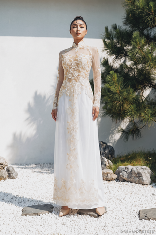White Bridal Ao Dai with Gold Lace | Modern Vietnamese Bridal Dress (#IVY)