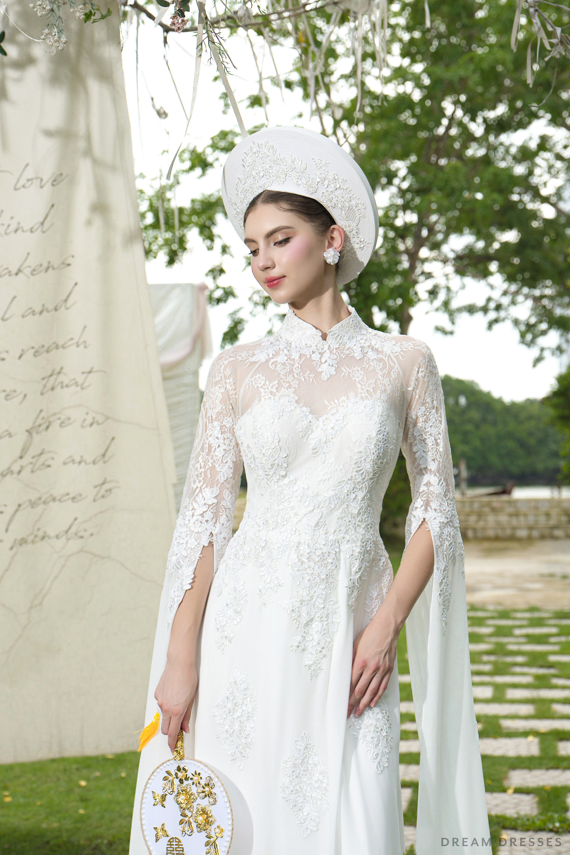 White Bridal Ao Dai | Modern Vietnamese Bridal Dress with Couture Lace (#ELENOAR)