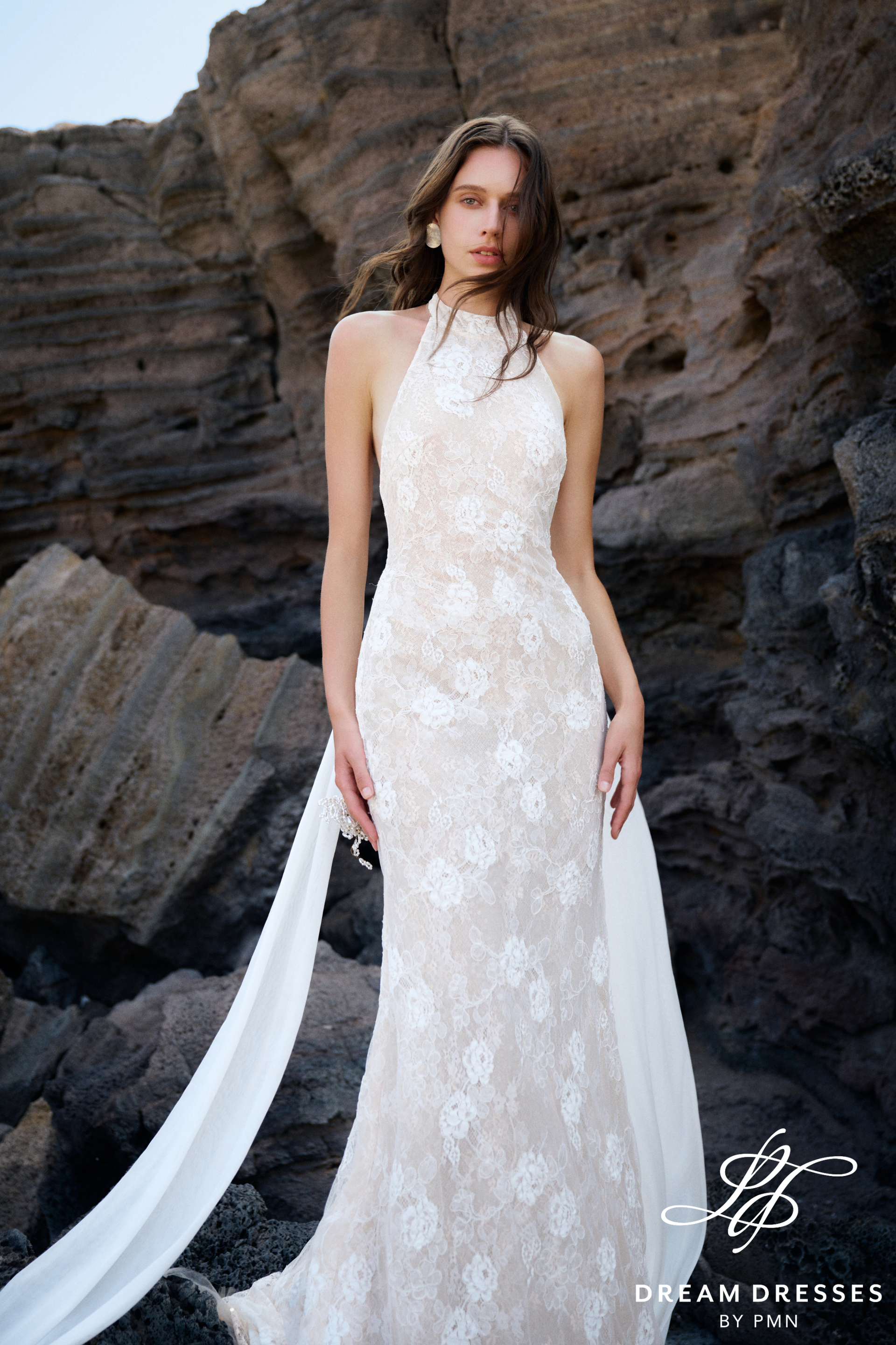 Lace Halter Bridal Gown with Long Scarf (#BREEZE)