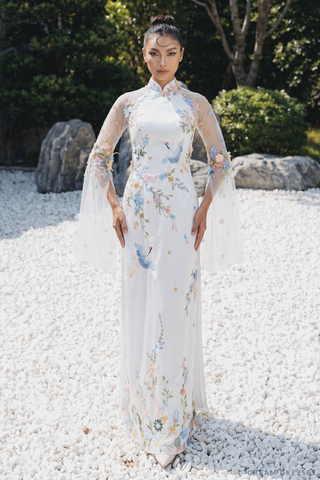 White Bridal Ao Dai with Colorful Embroidery (#XUAN) - Dream Dresses by P.M.N.