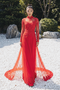 Red Bridal Ao Dai | Modern Vietnamese Bridal Dress (#VELORA) - Dream Dresses by P.M.N.