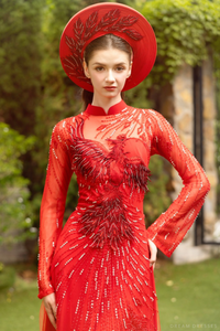 Red Bridal Ao Dai | Modern Vietnamese Bridal Dress with Phoenix Embroidery (#ANGELA) - Dream Dresses by P.M.N.