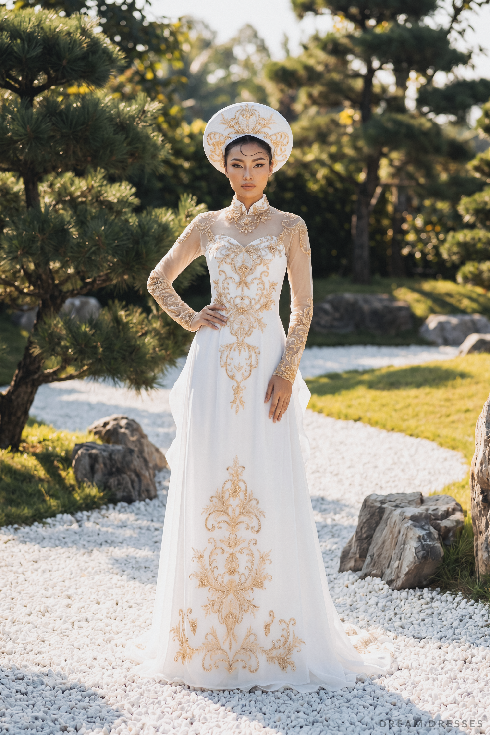 White Bridal Ao Dai | Vietnamese Traditional Bridal Dress with Gold Lace (#IMPERIAL) - Dream Dresses by P.M.N.