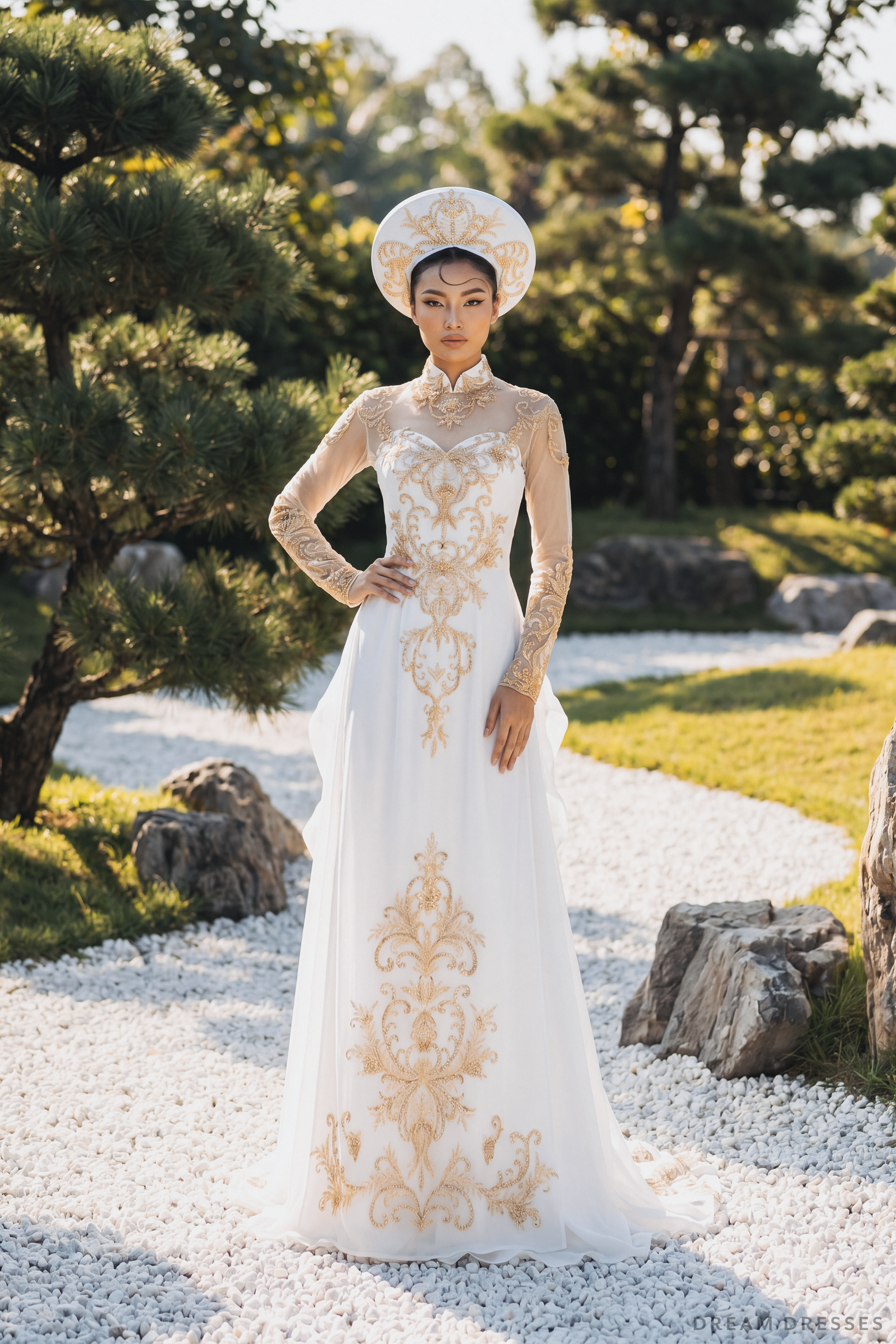 White Bridal Ao Dai | Vietnamese Traditional Bridal Dress with Gold Lace (#IMPERIAL) - Dream Dresses by P.M.N.