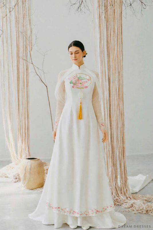 White Bridal Embroidery Ao Dai | Modern Vietnamese Bridal Dress (#REGINYA) - Dream Dresses by P.M.N.