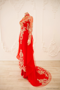 Red Bridal Ao Dai | Vietnamese Traditional Bridal Dress with Gold Lace (#GIATUE) - Dream Dresses by P.M.N.