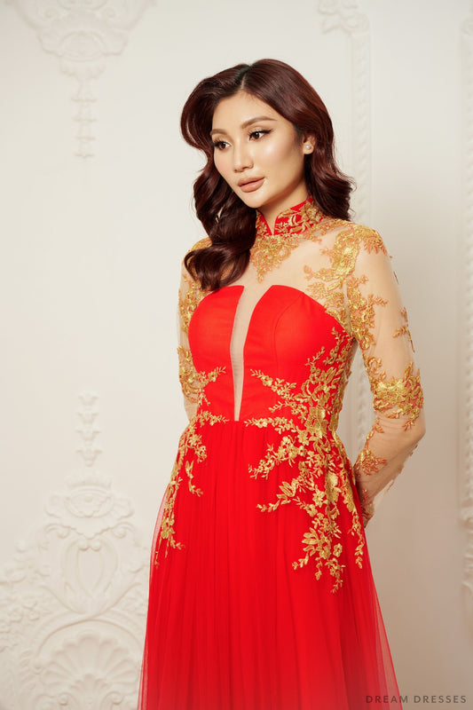 Red Bridal Ao Dai | Modern Vietnamese Bridal Dress (#CHANG) - Dream Dresses by P.M.N.