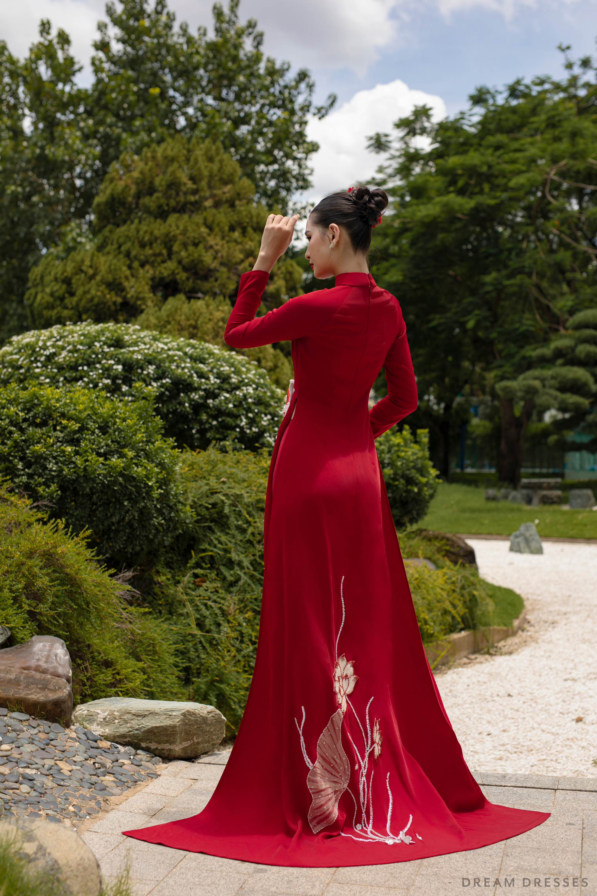 vietnamese long dress DreamDress By PMN Jade Ao Dai Inspired Red Wedding Dress Gown Silver Phoenix Embellishment Sweep Red Pants