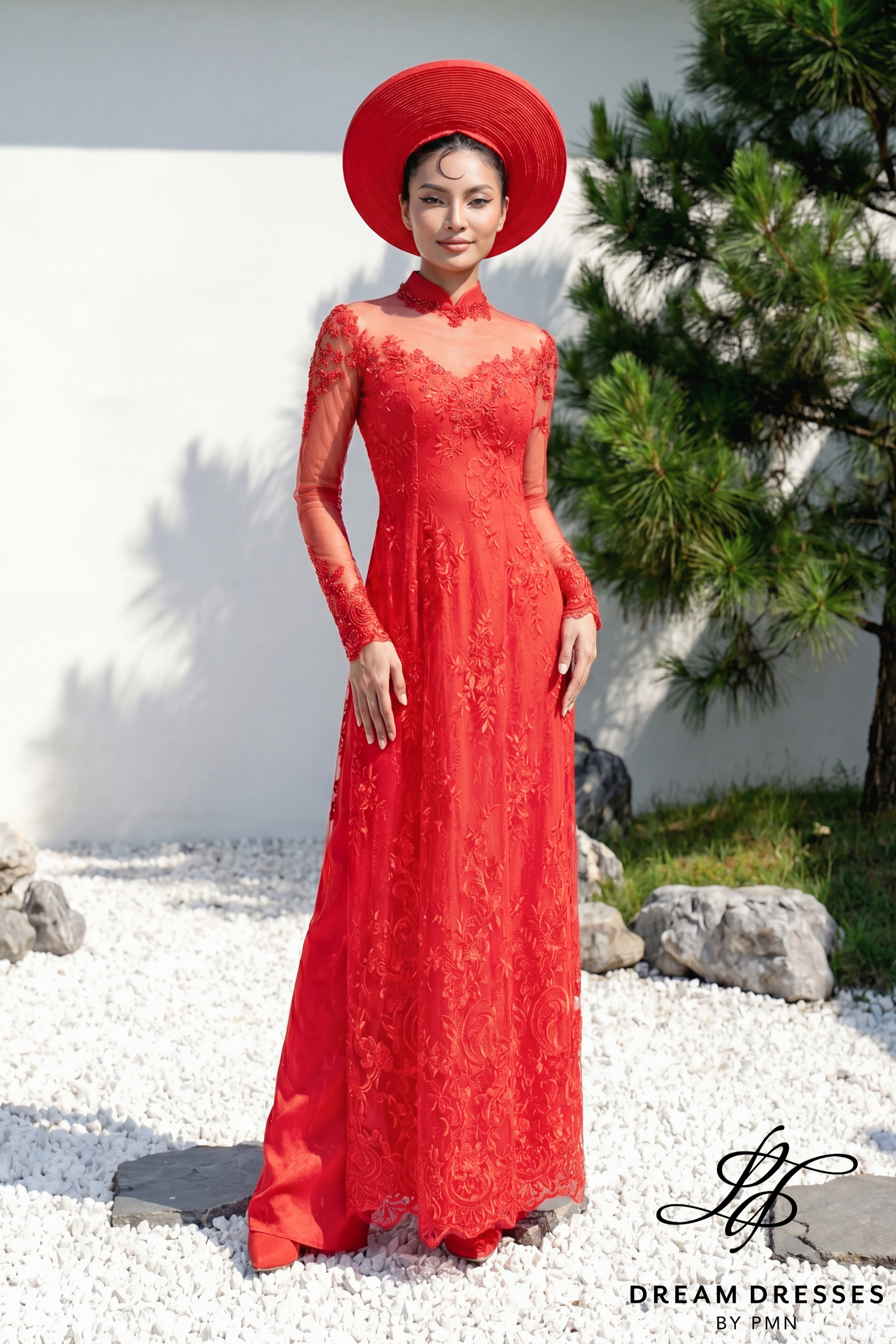 Red Bridal Ao Dai with Cape Sleeves | Vietnamese Bridal Dress (#GRACE)